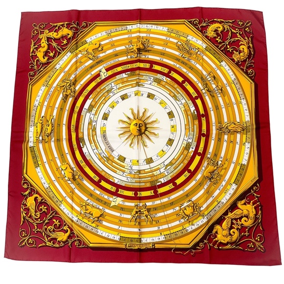 HERMES BURGUNDY / GOLD MULTI DIES ET HORE PRINT SQUARE SILK TWILL SCARF - Picture 1 of 9